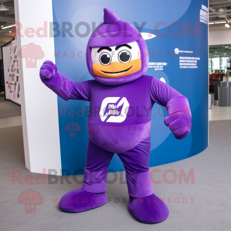 Purple Superhero mascot costume character dressed with a Romper and Beanies