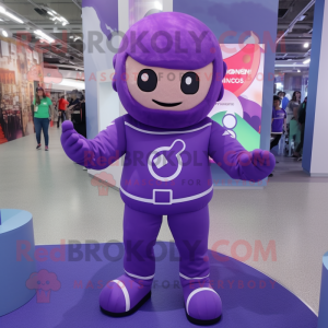 Purple Superhero mascot costume character dressed with a Romper and Beanies