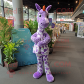 Lavender Giraffe mascot costume character dressed with a Trousers and Wraps