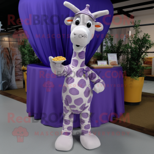 Lavender Giraffe mascot costume character dressed with a Trousers and Wraps