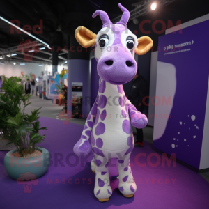 Lavender Giraffe mascot costume character dressed with a Trousers and Wraps