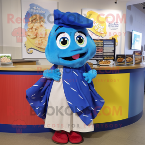 Blue Fish And Chips mascot costume character dressed with a Wrap Skirt and Scarf clips