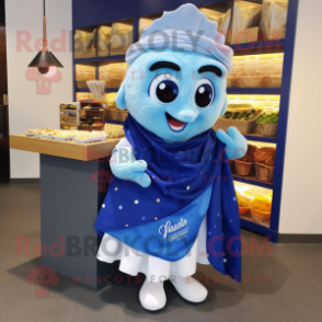 Blue Fish And Chips mascot costume character dressed with a Wrap Skirt and Scarf clips