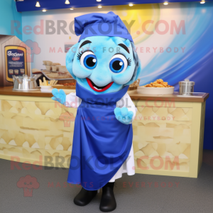 Blue Fish And Chips mascot costume character dressed with a Wrap Skirt and Scarf clips