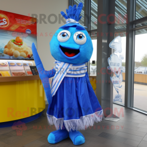 Blue Fish And Chips mascot costume character dressed with a Wrap Skirt and Scarf clips