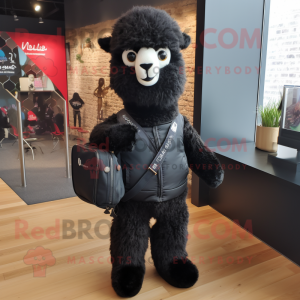 Black Alpaca mascot costume character dressed with a Bomber Jacket and Tote bags