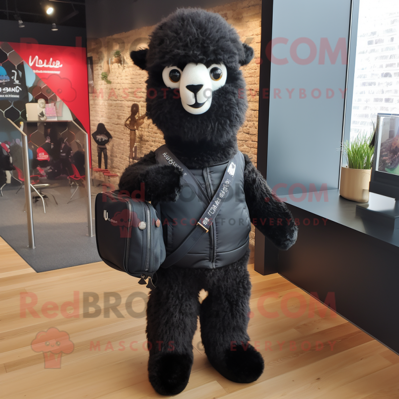 Black Alpaca mascot costume character dressed with a Bomber Jacket and Tote bags Black Alpaca mascot costume character dressed with a Bomber Jacket and Tote bags