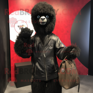 Black Alpaca mascot costume character dressed with a Bomber Jacket and Tote bags