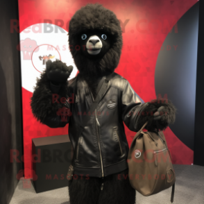 Black Alpaca mascot costume character dressed with a Bomber Jacket and Tote bags