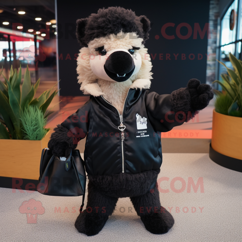 Black Alpaca mascot costume character dressed with a Bomber Jacket and Tote bags Black Alpaca mascot costume character dressed with a Bomber Jacket and Tote bags