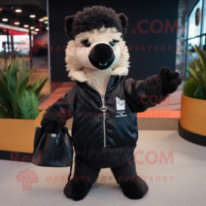 Black Alpaca mascot costume character dressed with a Bomber Jacket and Tote bags