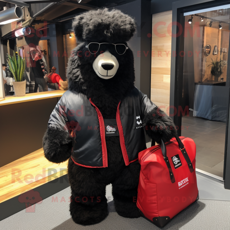 Black Alpaca mascot costume character dressed with a Bomber Jacket and Tote bags Black Alpaca mascot costume character dressed with a Bomber Jacket and Tote bags