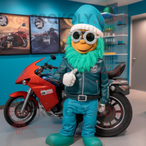 Teal Leprechaun Hat mascot costume character dressed with a Moto Jacket and Scarves