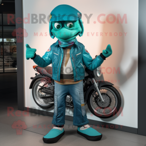 Teal Leprechaun Hat mascot costume character dressed with a Moto Jacket and Scarves