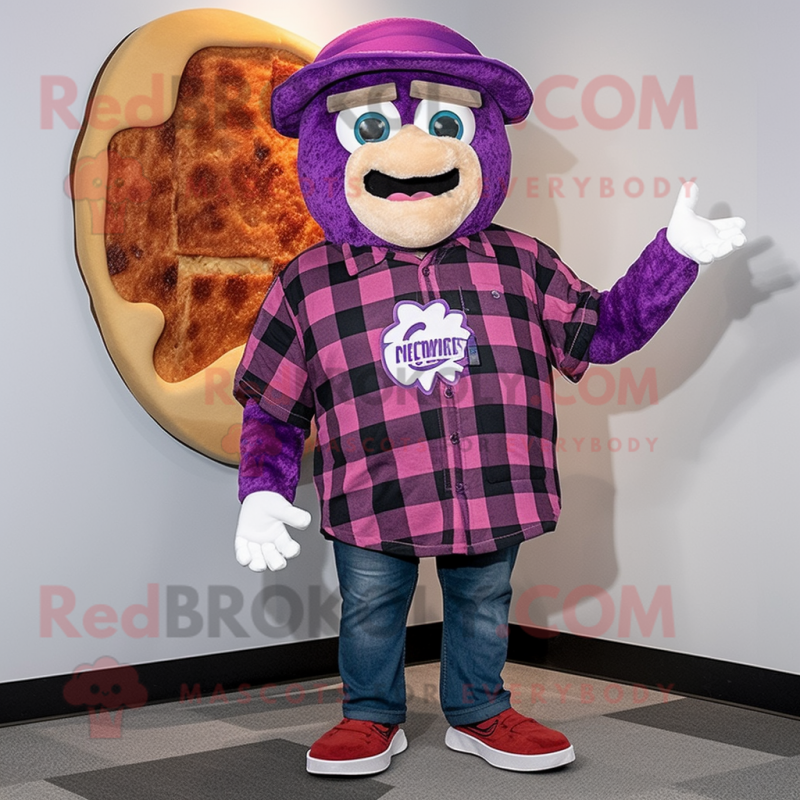 Purple Pizza mascot costume character dressed with a Flannel Shirt and Beanies