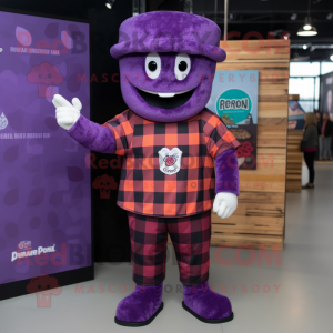 Purple Pizza mascot costume character dressed with a Flannel Shirt and Beanies
