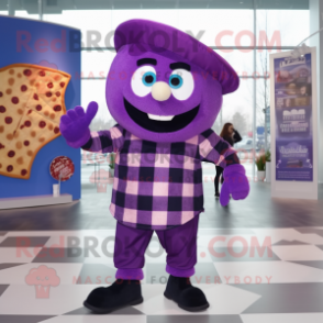 Purple Pizza mascot costume character dressed with a Flannel Shirt and Beanies