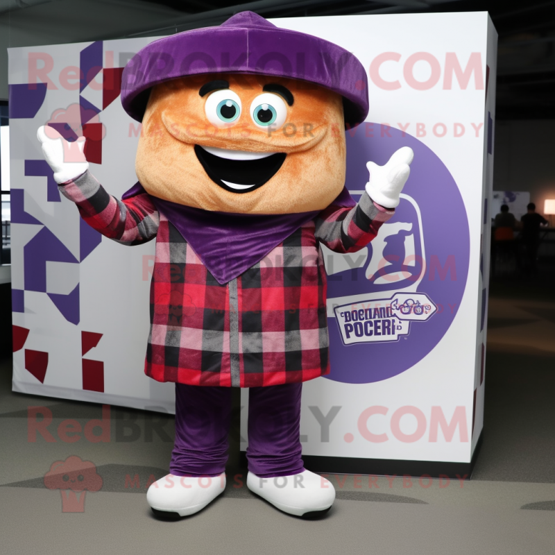 Purple Pizza mascot costume character dressed with a Flannel Shirt and Beanies