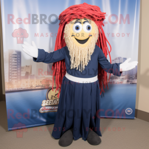 Navy Spaghetti mascot costume character dressed with a Dress Pants and Shawls