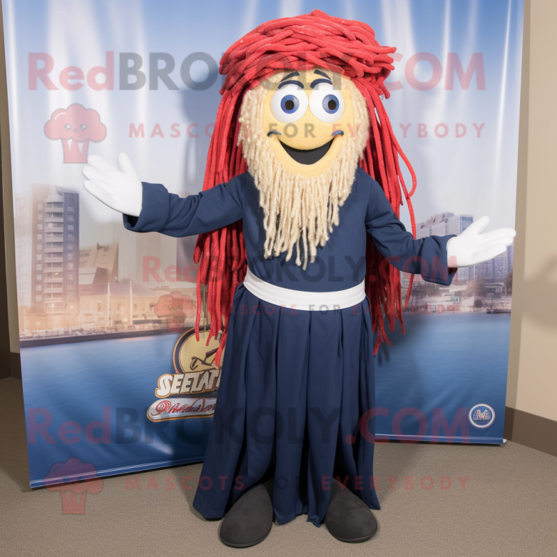 Navy Spaghetti mascot costume character dressed with a Dress Pants and Shawls