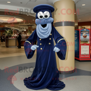 Navy Spaghetti mascot costume character dressed with a Dress Pants and Shawls