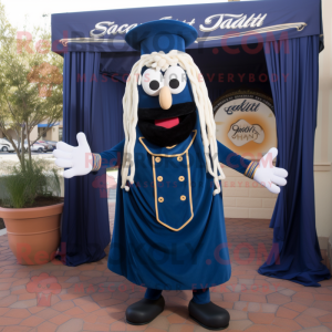 Navy Spaghetti mascot costume character dressed with a Dress Pants and Shawls