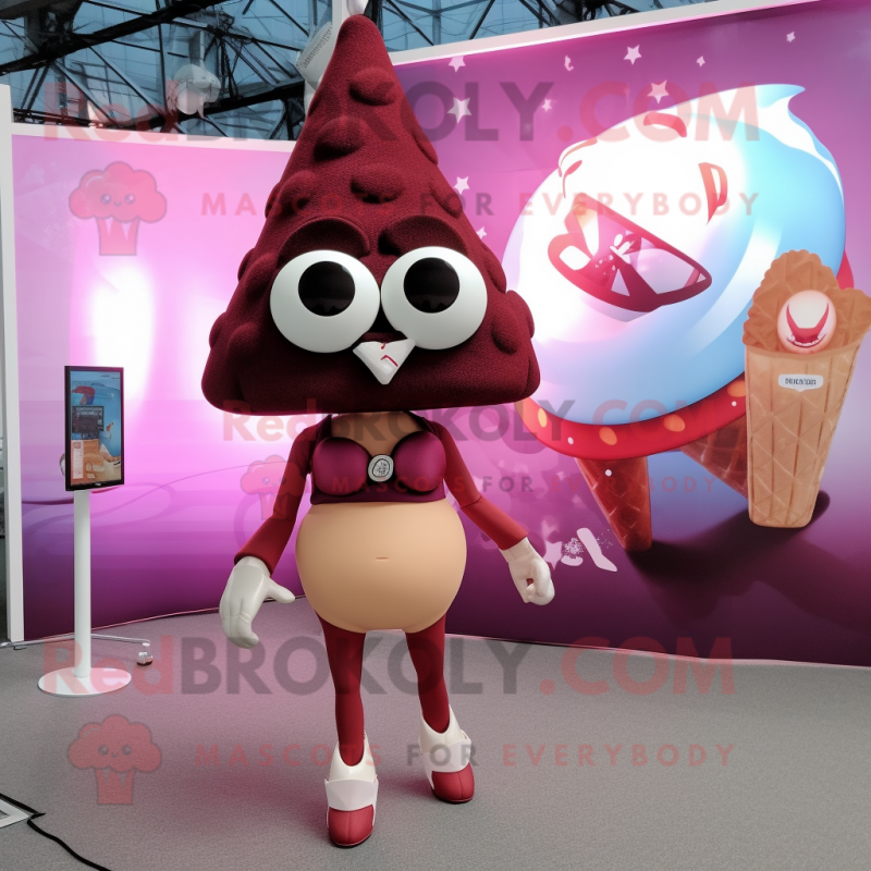 Maroon Ice Cream Cone mascot costume character dressed with a Bikini and Rings Maroon Ice Cream Cone mascot costume character dressed with a Bikini and Rings