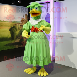 Lime Green Muscovy Duck mascot costume character dressed with a Wrap Dress and Suspenders