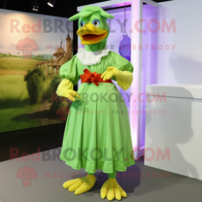 Lime Green Muscovy Duck mascot costume character dressed with a Wrap Dress and Suspenders