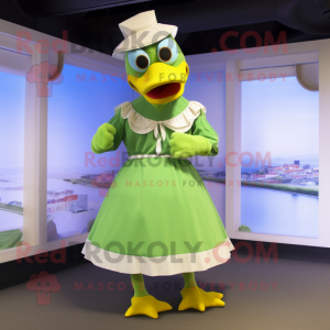 Lime Green Muscovy Duck mascot costume character dressed with a Wrap Dress and Suspenders