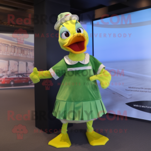Lime Green Muscovy Duck mascot costume character dressed with a Wrap Dress and Suspenders
