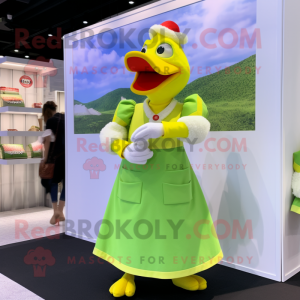 Lime Green Muscovy Duck mascot costume character dressed with a Wrap Dress and Suspenders