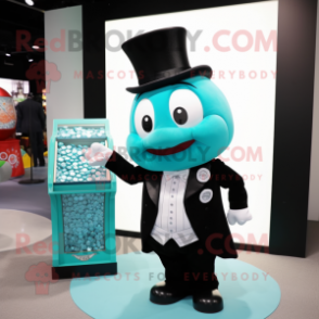 Cyan Candy Box mascot costume character dressed with a Tuxedo and Coin purses