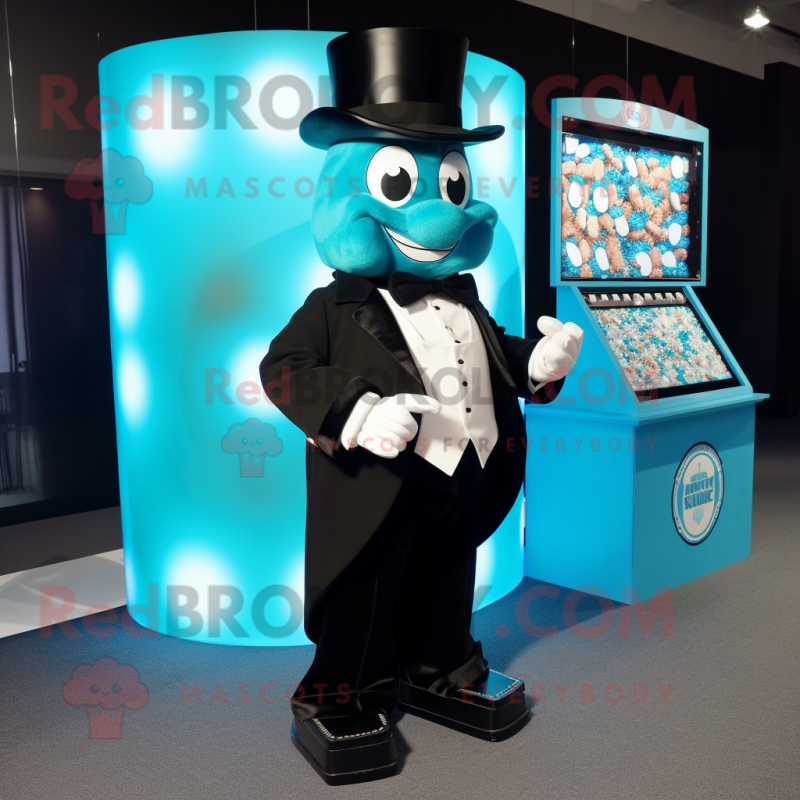 Cyan Candy Box mascot costume character dressed with a Tuxedo and Coin purses Cyan Candy Box mascot costume character dressed with a Tuxedo and Coin purses