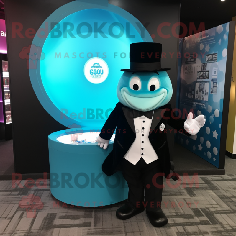 Cyan Candy Box mascot costume character dressed with a Tuxedo and Coin purses Cyan Candy Box mascot costume character dressed with a Tuxedo and Coin purses
