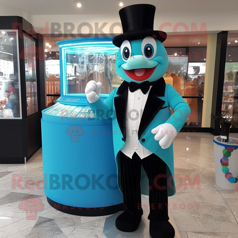 Cyan Candy Box mascot costume character dressed with a Tuxedo and Coin purses Cyan Candy Box mascot costume character dressed with a Tuxedo and Coin purses