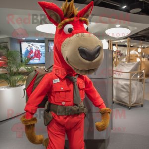 Red Donkey mascot costume character dressed with a Cargo Shorts and Tie pins