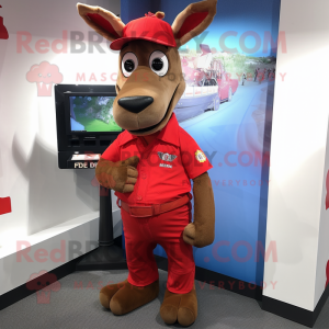 Red Donkey mascot costume character dressed with a Cargo Shorts and Tie pins