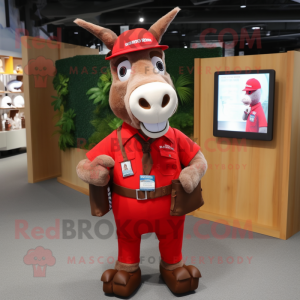 Red Donkey mascot costume character dressed with a Cargo Shorts and Tie pins