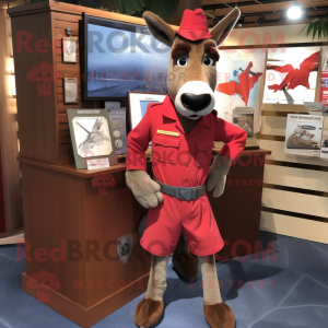 Red Donkey mascot costume character dressed with a Cargo Shorts and Tie pins