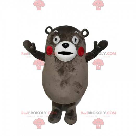 Mascote urso cinza e branco com maçãs do rosto vermelhas -