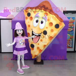 Lavender Pizza Slice mascot costume character dressed with a Playsuit and Shoe clips