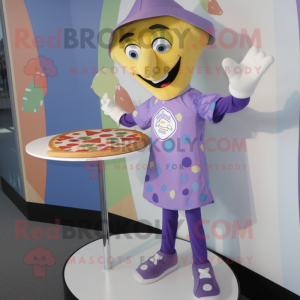 Lavender Pizza Slice mascot costume character dressed with a Playsuit and Shoe clips