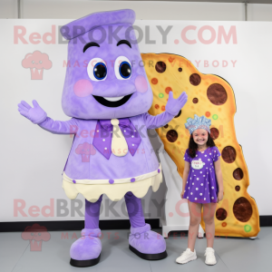 Lavender Pizza Slice mascot costume character dressed with a Playsuit and Shoe clips