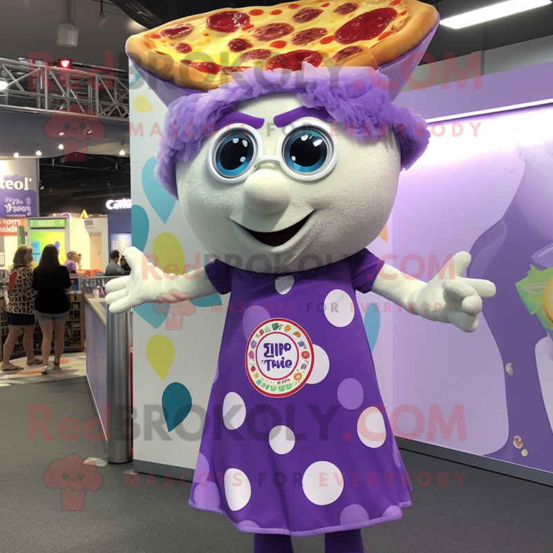 Lavender Pizza Slice mascot costume character dressed with a Playsuit and Shoe clips Lavender Pizza Slice mascot costume character dressed with a Playsuit and Shoe clips