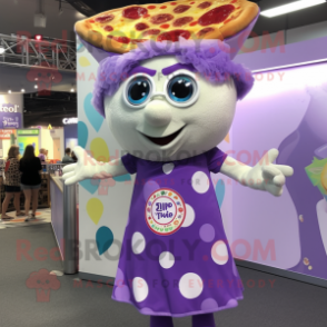 Lavender Pizza Slice mascot costume character dressed with a Playsuit and Shoe clips