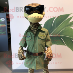 Olive Anaconda mascot costume character dressed with a Poplin Shirt and Sunglasses