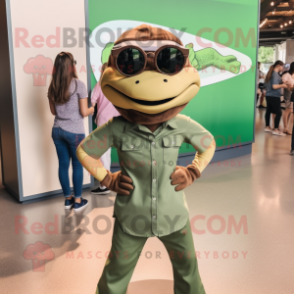 Olive Anaconda mascot costume character dressed with a Poplin Shirt and Sunglasses