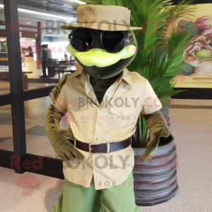 Olive Anaconda mascot costume character dressed with a Poplin Shirt and Sunglasses