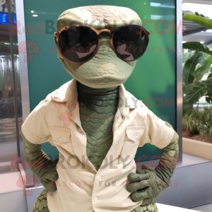 Olive Anaconda mascot costume character dressed with a Poplin Shirt and Sunglasses